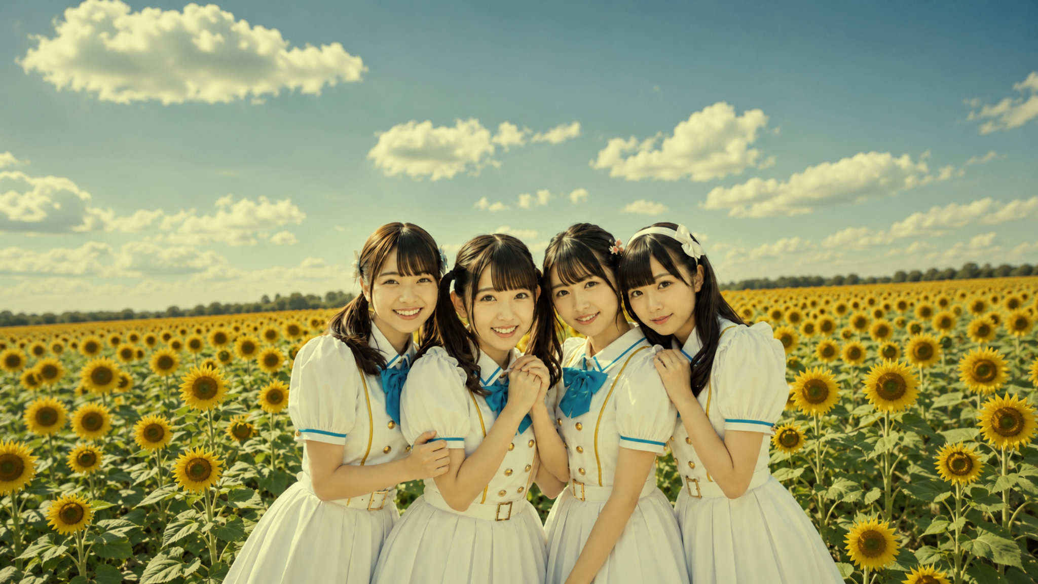 ひまわり畑に立つ､どくろ坂49のメンバー