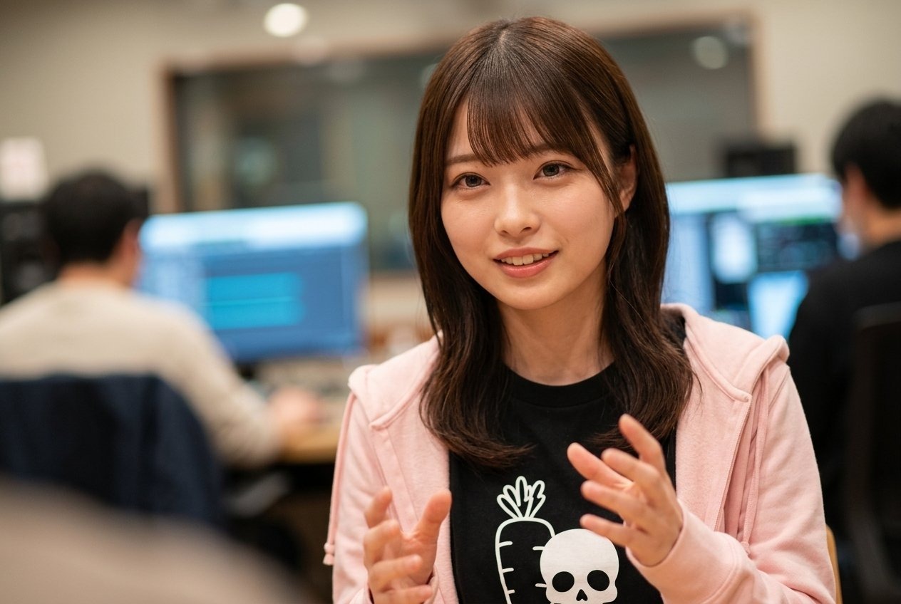 スタジオでインタビューに答える墓樹あかね