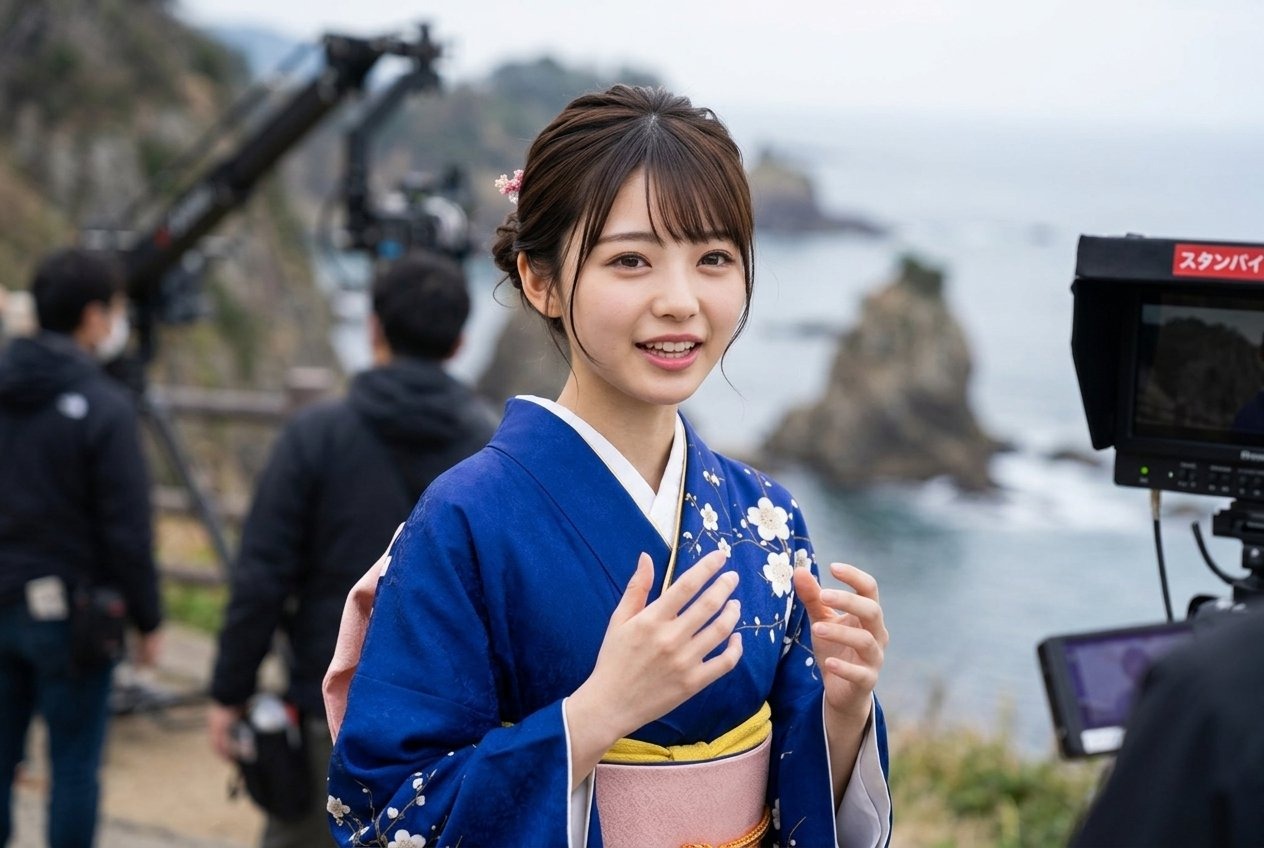 海辺のMV撮影現場で話す着物姿の墓樹あかね