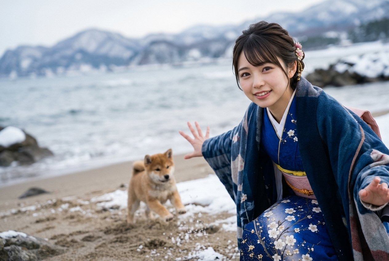 雪の残る海辺で犬と出会った墓樹あかね