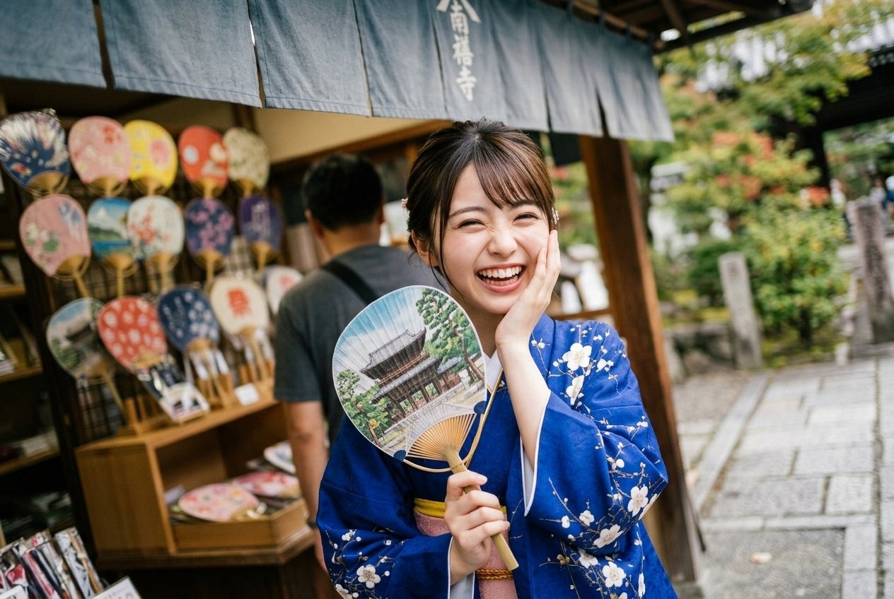 京都のうちわ店の前で笑う着物姿の墓樹あかね