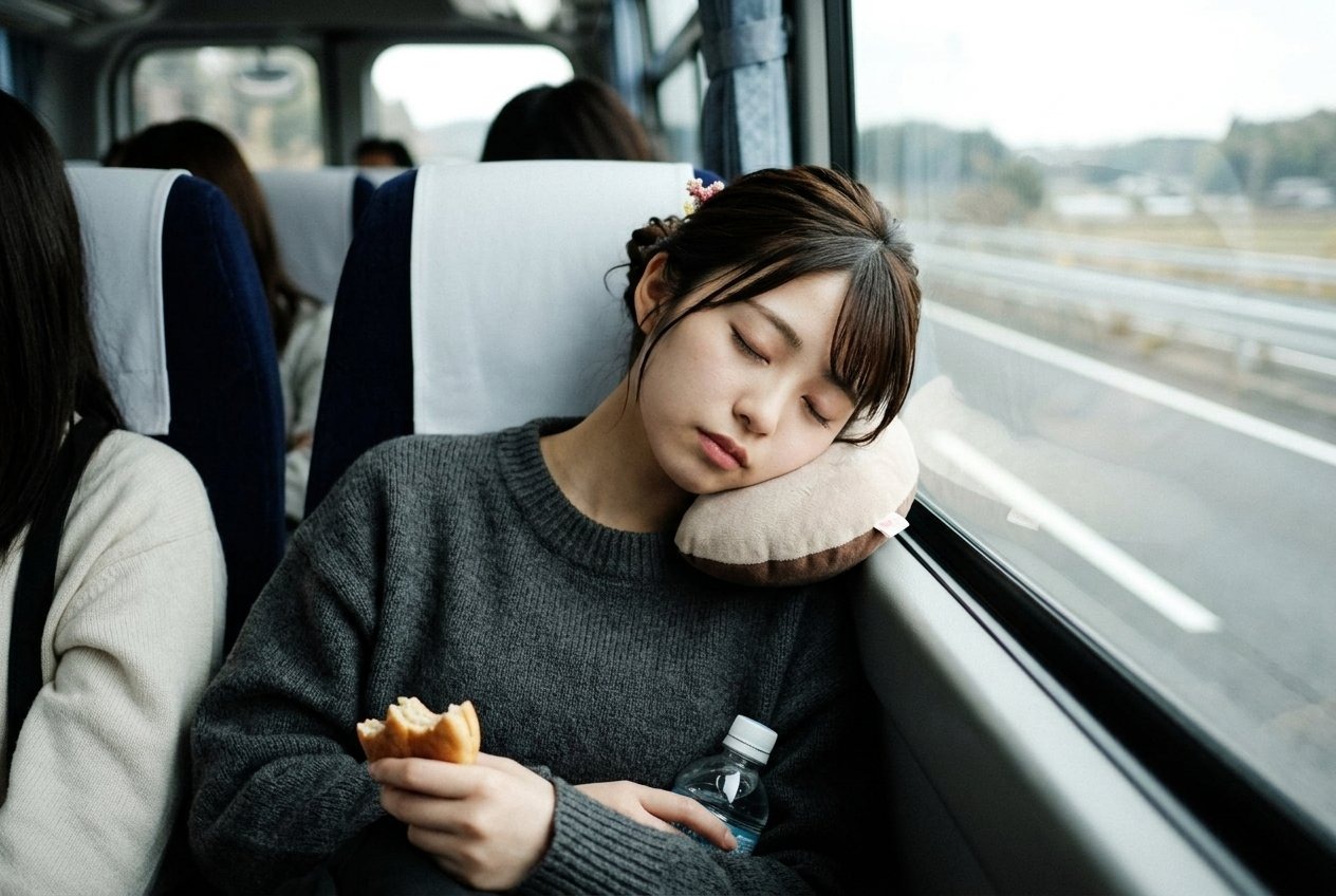 ロケ移動中のバスで眠る墓樹あかね